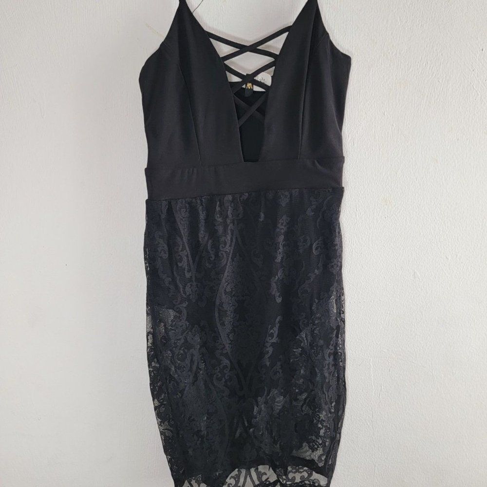 VM Womens Black Floral Lace V Neck Sleeveless Spaghetti Strap Sheath Dress Small